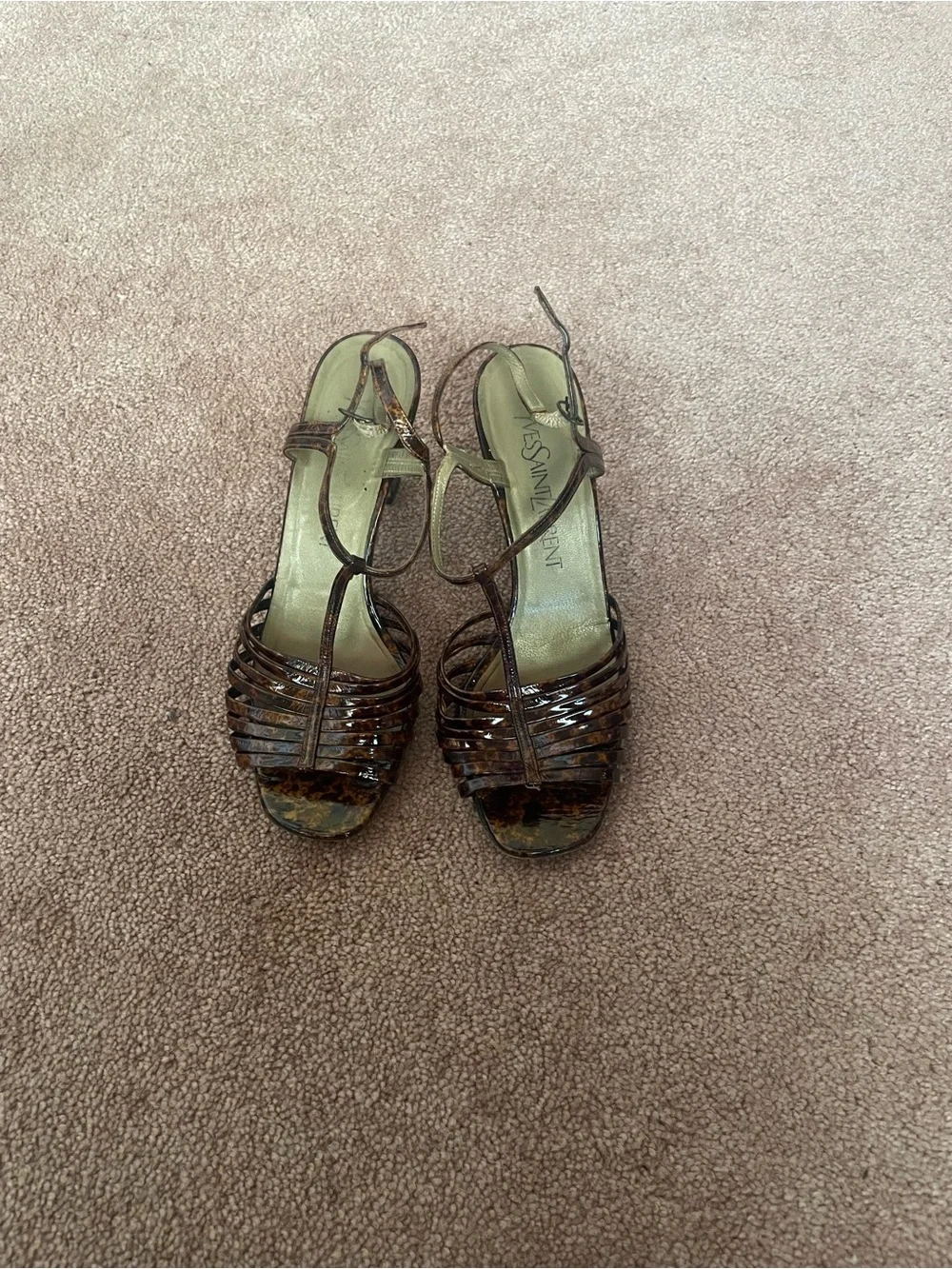 Yves Saint Laurent Brown Tortoiseshell Patent Strappy Heeled Sandals